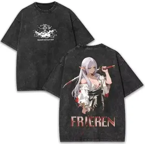 Anime Frieren Beyond Journey's End Menswear T-Shirt - Harajuku Streetwear Washed Unisex Short-Sleeve Seamless Cotton Apparel for Men Women