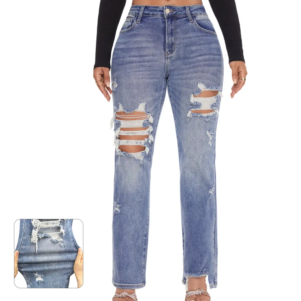 【2025】BlueMoment Women Mid-High Waisted Stretch Pants Ripped Regular Jeans Mid-Blue Straight Pants | Fashion Casual Denim Pant Vintage Ripped Skinny J