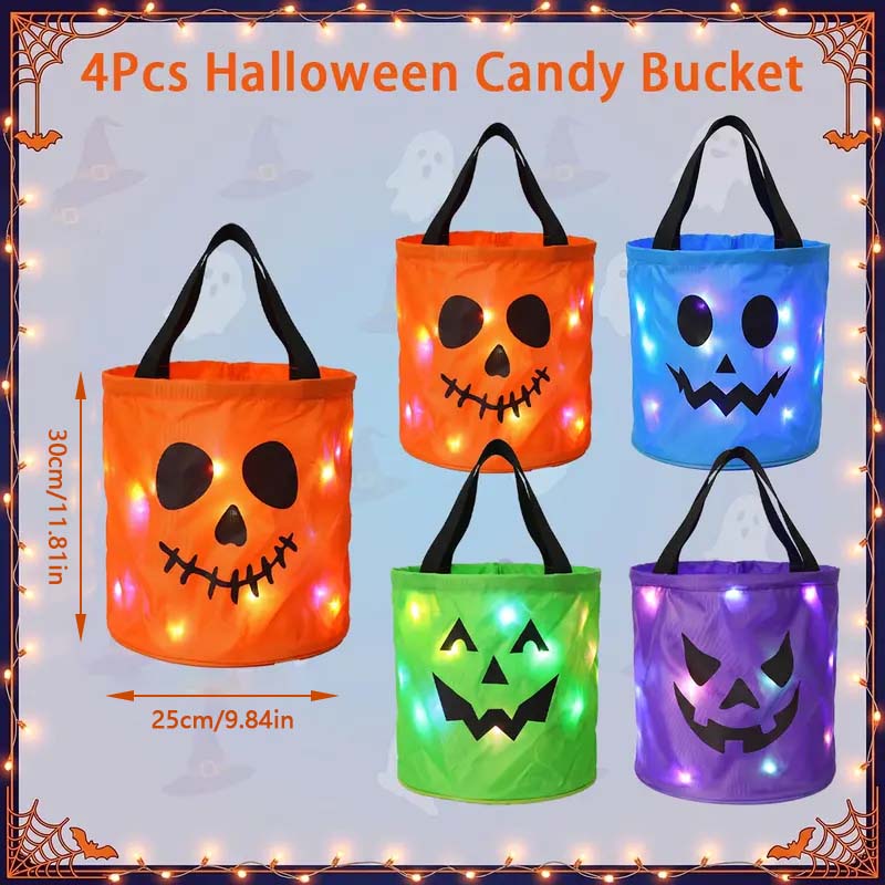 LED Halloween Pumpkin Light Candy Buckets & Non-Woven Goodie Bags (3/4 Pcs) - Reusable Trick-or-Treat Collectible Gift for Kids - Home Outdoor Decoration Sets