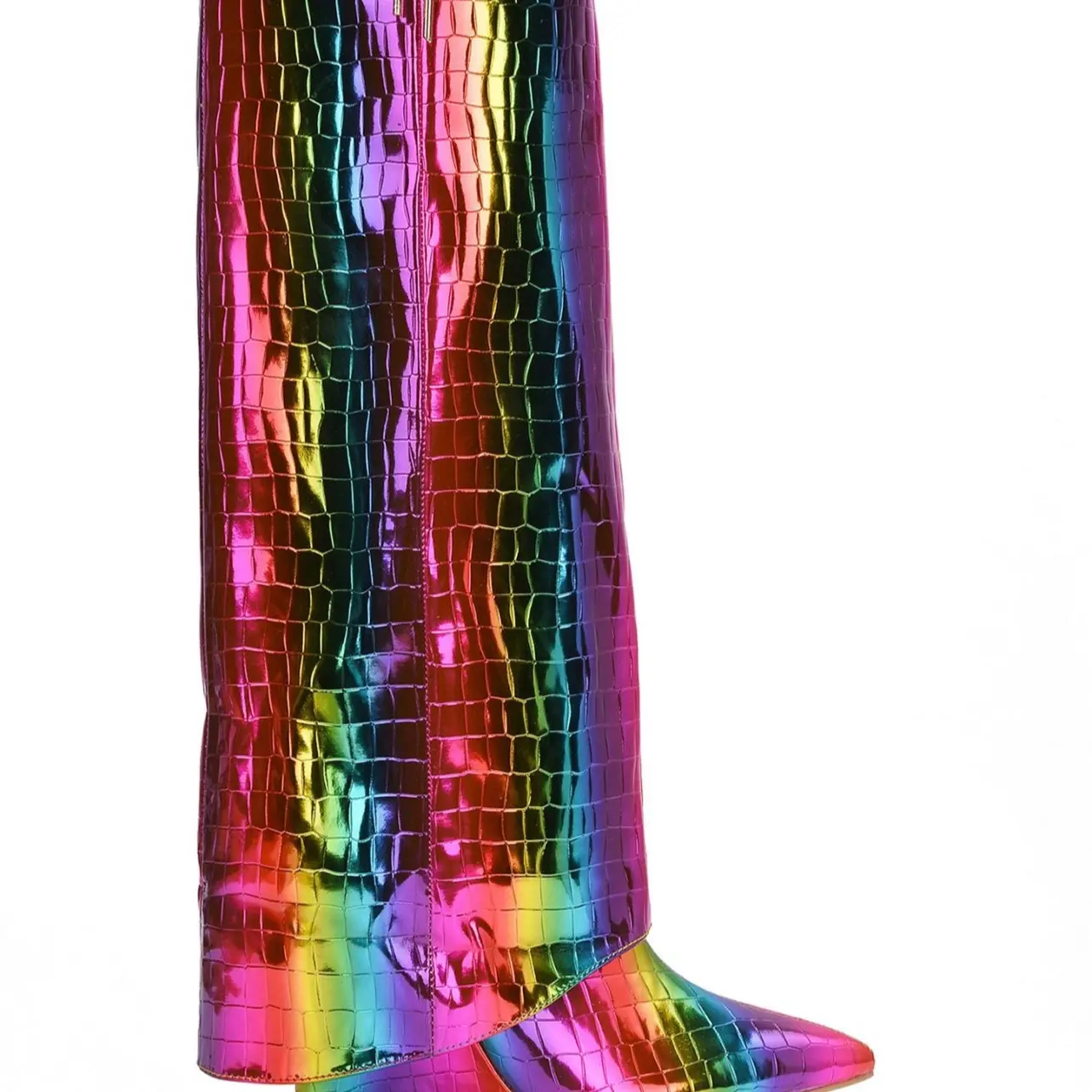 TASTE THE RAINBOW Vibrant Metallic Crocodile-Embossed Knee HIgh Boots
