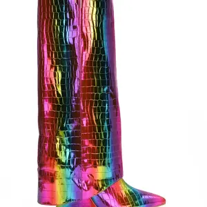 TASTE THE RAINBOW Vibrant Metallic Crocodile-Embossed Knee HIgh Boots