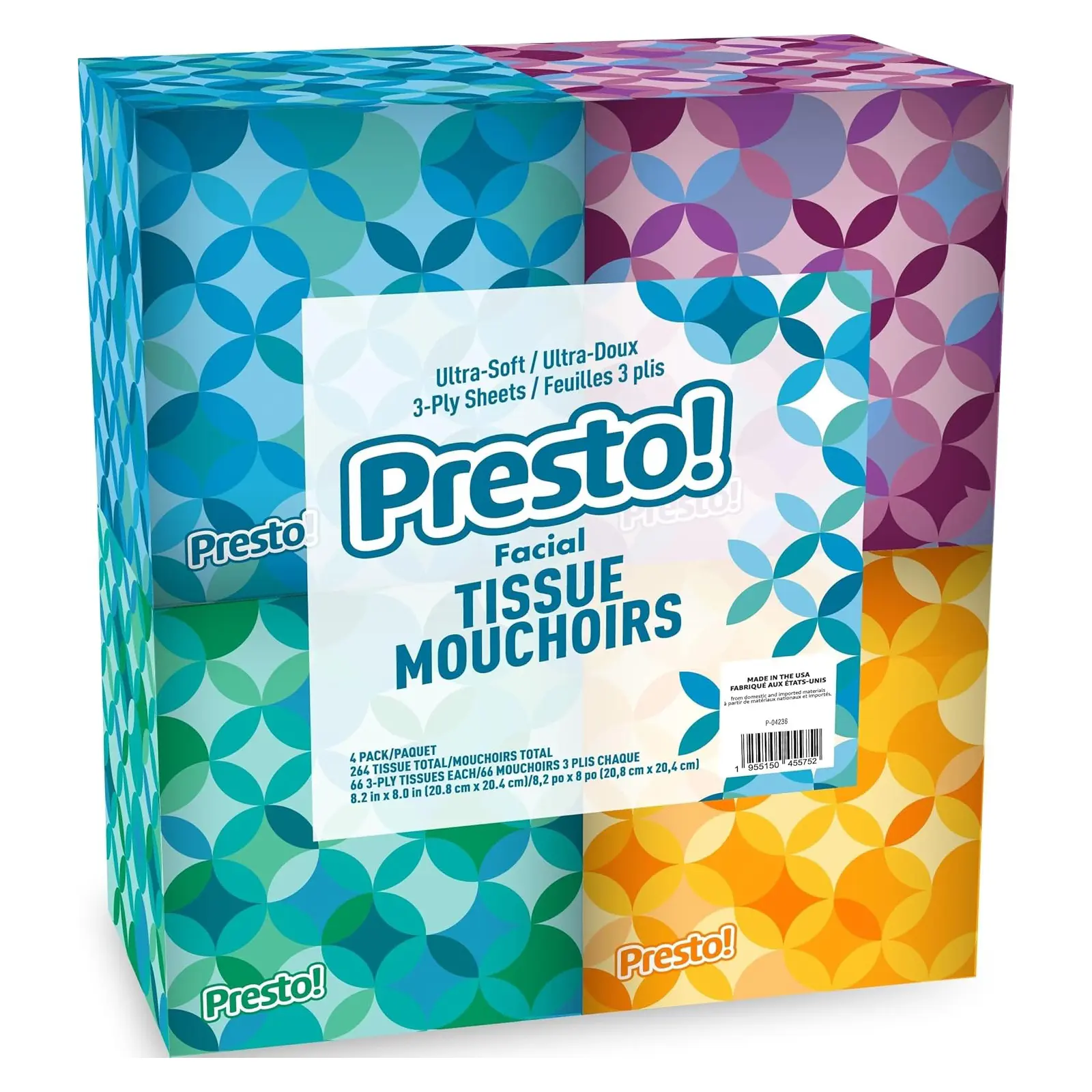 Presto! Ultra-Soft 3-Ply Premium Facial Tissues, 264 Count (4 Cube Boxes of 66), Packaging May Vary