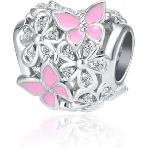 QeenseKc Butterfly Flower Garden Charm Magnolia Bloom Crystal Opennwork Enamel Bead for Pandora Charm Bracelet