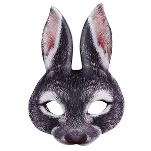3D Realistic Half Face Bunny Rabbit Mask, Horror Black Animal Ear Mask, Halloween Easter Mardi Gras Cosplay Costume Accessory, Adult Masquerade Party Prop for Carnival Birthday Game Adjustable Waist Tightener Clip Handmade Resin Craft Mask party hat