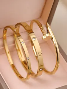 18K Gold Plated Four-Leaf Clover Bracelet – Cubic Zirconia Nail Wristband for Women, Elegant Wedding & Party Jewelry Set (3pcs/1pc)
