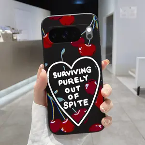 Rounded Edge TPU Phone Case for Google Pixel 10 9 8 7 Pro A XL Cherry - Heart Whisper Pattern Drop Protection Shockproof Soft Liquid Silicone Smartphone Cover