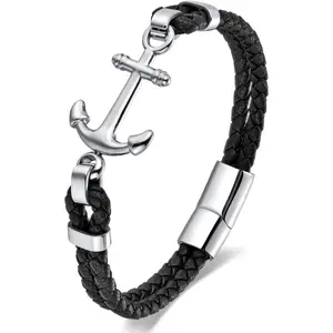 Mens Nautical Anchor Bracelet, Black Braided Leather with  Stainless Steel Anchor Sailor Bracelet for Men, Classic and Elegant Style