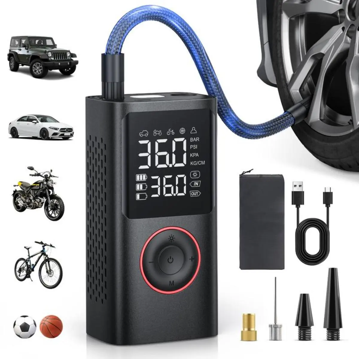 Cordless Tire Inflator with Cordless Design, Large Capacity Batteries, Wireless Digital Display, Enhanced Safety Features, Quick Inflations for Car Owners & Inflatables, Reusable for Everyday Use