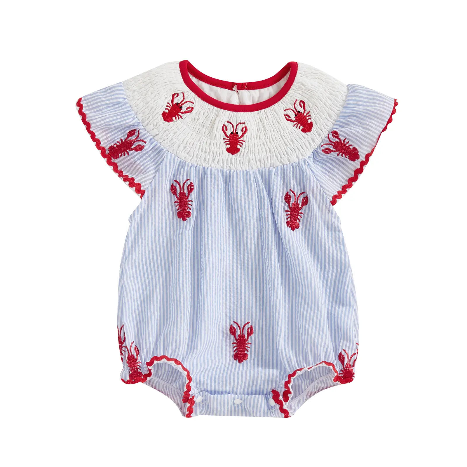 FOCUSNORM Newborn Baby Girl Crawfish Smocked Bubble Romper Lobster Ruffle Short Sleeve Bodysuit Jumpsuit Summer Outfits