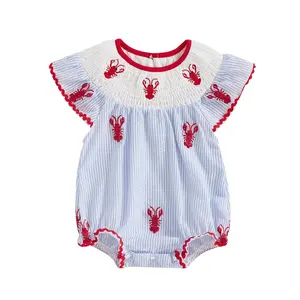 FOCUSNORM Newborn Baby Girl Crawfish Smocked Bubble Romper Lobster Ruffle Short Sleeve Bodysuit Jumpsuit Summer Outfits