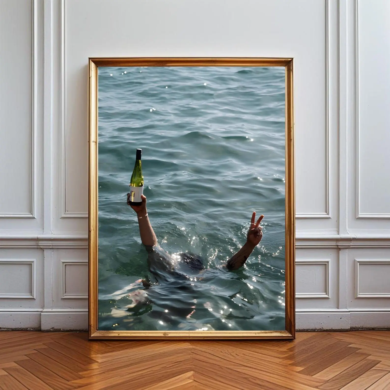 Luxury Coastal Lifestyle Wall Art Print, Champagne in Ocean Photography Poster, Mediterranean Summer Party Decor, Riviera Aesthetic Beach