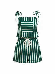 Cider Square Neck Stripe Drawstring Knotted Romper