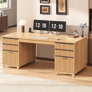 SEDETA 55.1" Fluted Office Desk with 6 Drawers, Modern Executive Desk with Acrylic File Drawers, Computer Desk with Power outlets for Home Office and Study