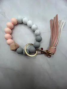 Light Pink, Grey, and Marble Keychain Bracelet with Tassel