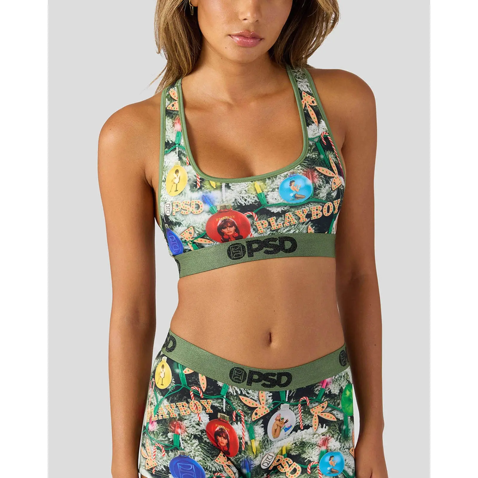PSD Womens Playboy Festive Tree Racerback Sports Bra - Comfortable, Breathable, Ultra-light Fabric