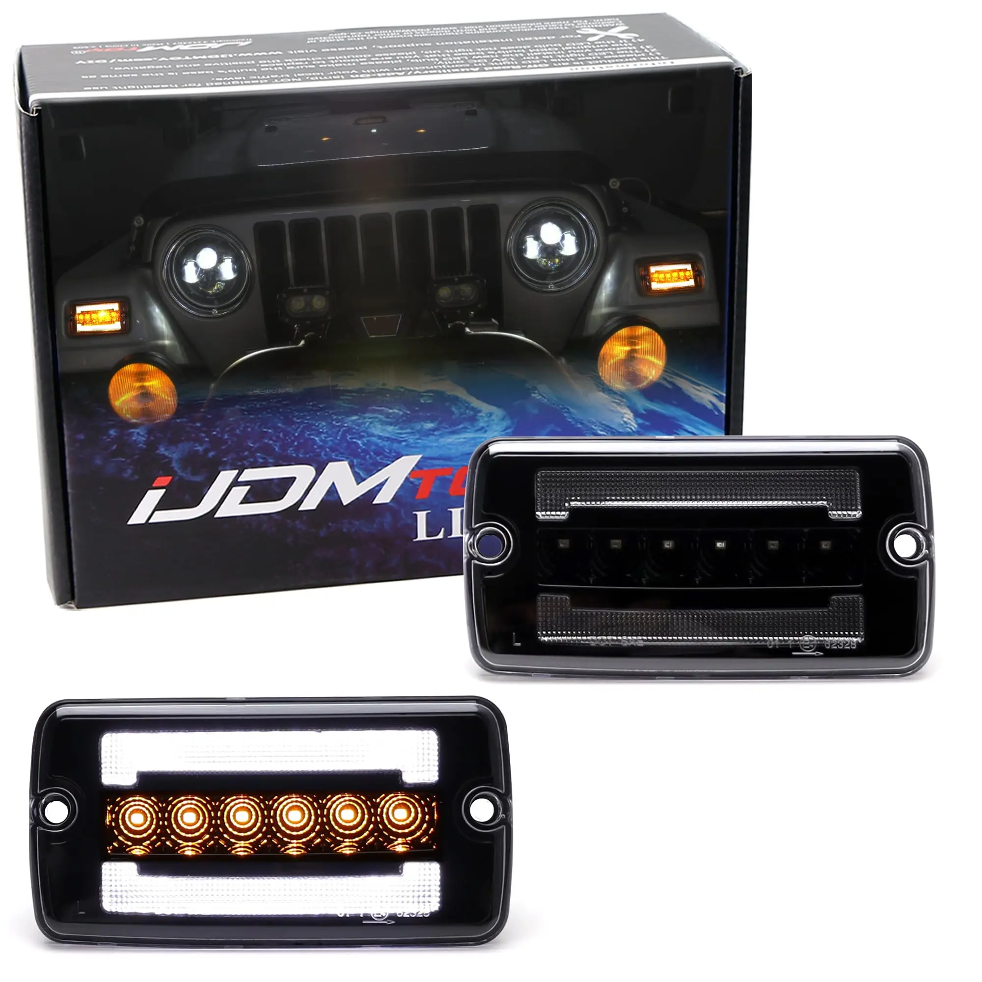 iJDMTOY Black-Out Interior Clear Lens White LED Driving Light/Amber Yellow Blink LED Front Fender Flare Turn Signal Light Assembly, For Jeep 1997-2006 Wrangler TJ
