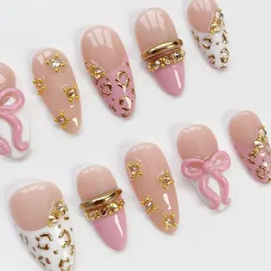 Pink bow Nails/bangle nails/press on nails long almond nails/Elegant nails/Gold leopard print nails/Birthday nails/Custom nails/Cute Nails, Nail Art Kit Nail Box – FASTSHIPPING