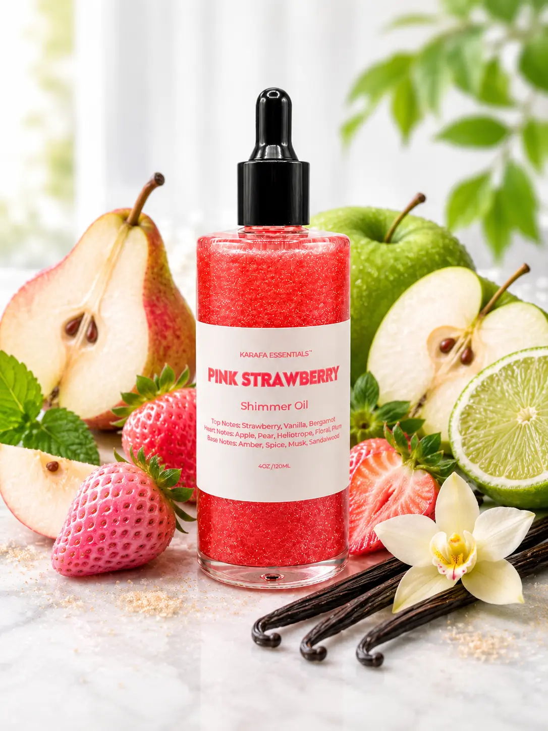 Pink Strawberry Moisturizing Body Oil with Strawberry, Vanilla, Bergamot, Apple, Pear, Heliotrope, Floral, Praline, Amber, Spice, Musk, Sandalwood for Radiant Skin by Karafa Essentials Body Care