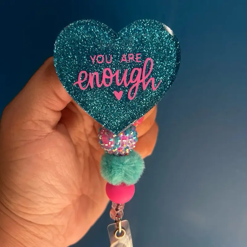 Candidly Heart Badge Reel - You Are Enough, 2” Acrylic Heart, Metal Alligator Clip, 360-Degree Rotation, Hand Glittered Finish