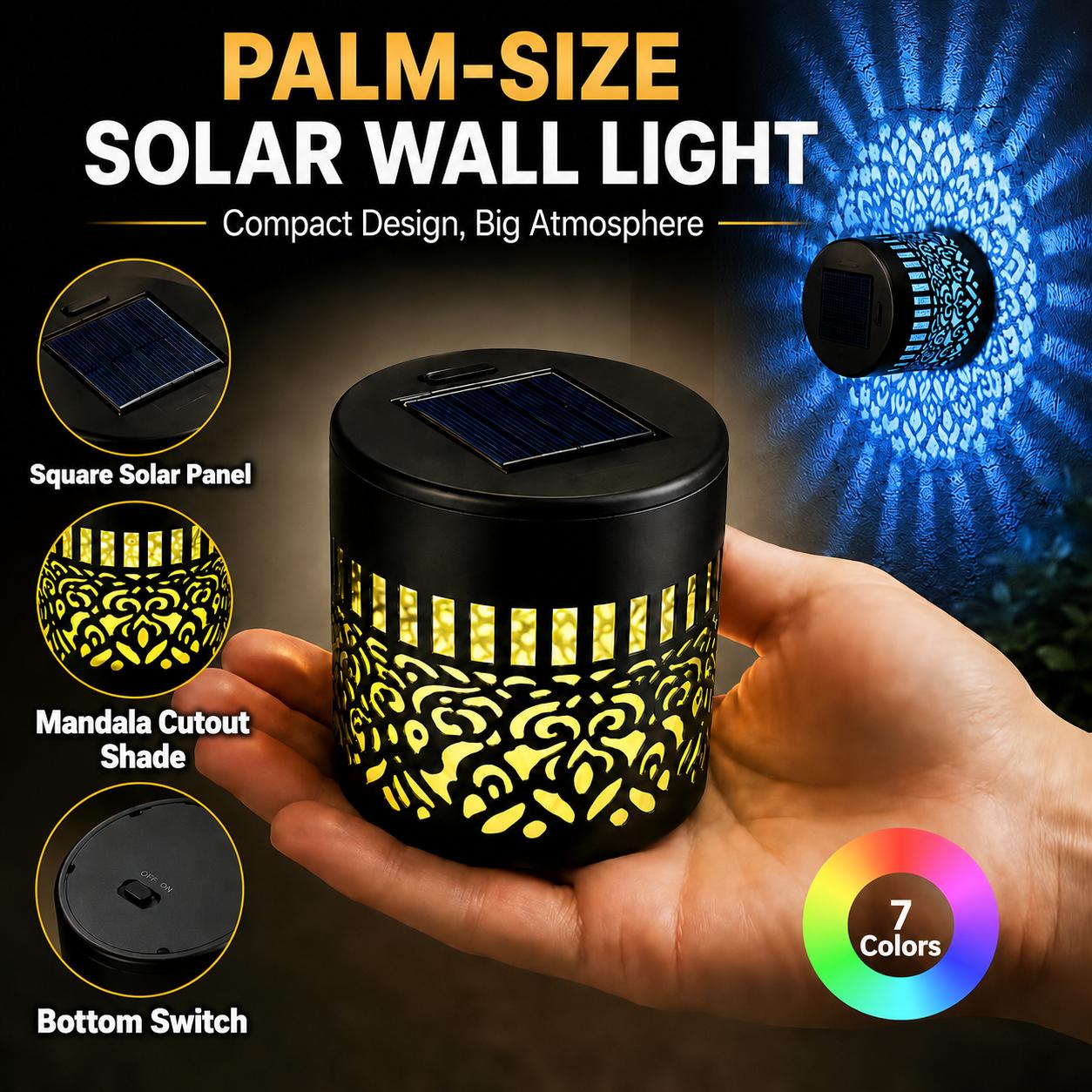 Seven-Color Changing Solar Mandala Projection Wall Light Decorative Solar Mandala Lights Outdoor Waterproof Metal Fence Lights for Yard Garden Post Patio Backyard Decor (2pcs)