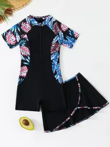 New Girls' One-Piece Swimsuit, Leaf Print Short Sleeve Zipper Shorts, Cross Knot Skirt Set, Beach Party Swimwear Two Piece Suit, Swimwear Sets