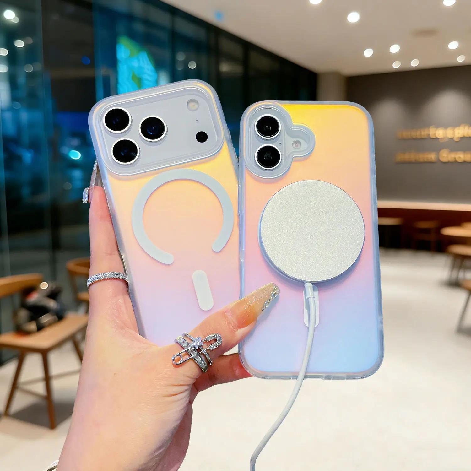 HISTORYOO Magnetic Phone Cases for iPhone 17 Pro Max 16 15 14 13 12 11 Pro 17 Air Fluorescent Holographic Iridescent Case Wireless Charging Slim Shockproof Matte Back Protective For Magsafe Laser Color Changing Effect Soft TPU Cover
