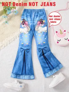 1-piece set of girls' imitation denim bell bottoms, flowers full printed knitted imitation denim pants, Floral print pants for casual, loose, soft and comfortable outings, bell bottoms for girls over 3 years old, holiday carnival party