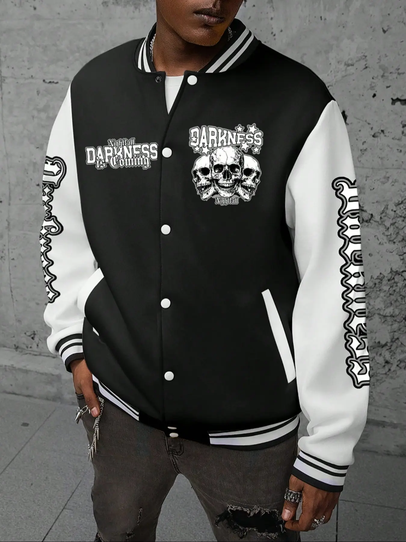 Men's Fall Winter Color Block Varsity Jacket, Darkness Skull Star Gothic Letter Print Button Up Baseball Coat, Dark Hip Hop Street Outerwear for Daily School Dating Party Travel, Men's Fall Outfits & Winter Outfits
