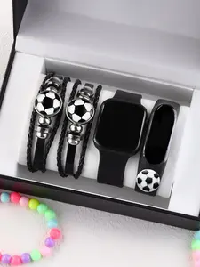 Football Pattern Digital Watch & Braided Bracelet, Casual Watch Set for Men & Women, without Box, Trendy Exquisite Watch Set for Clothing Decor, Casual Wristwatch Set