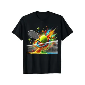 [100% Cotton] 100% Cotton Men's & Women's Black Tennis Splash Paint T-Shirt - Heavyweight 180gsm Cotton Tee with Tennis Ball & Racquet Graphics - Retro Athletic Casual Shirt for Sports, Summer, Tennis Events - Unisex Apparel