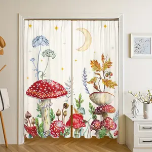 2Pcs/Set Plants Mushroom Flower Moon Pattern 3D Design Light-Filtering Polyester Drapes Rod Pocket Window Curtains For Living Room Bedroom Kitchen Laundry Bathroom Door Protecting Privacy Home Decor