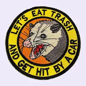 Humorous Opossum Embroidered Patch "Let's Eat Trash & Get Hit by a Car" - 3" Iron-On or Sew-On Adorable Animal Jacket Patch Geometric Embroidery Design