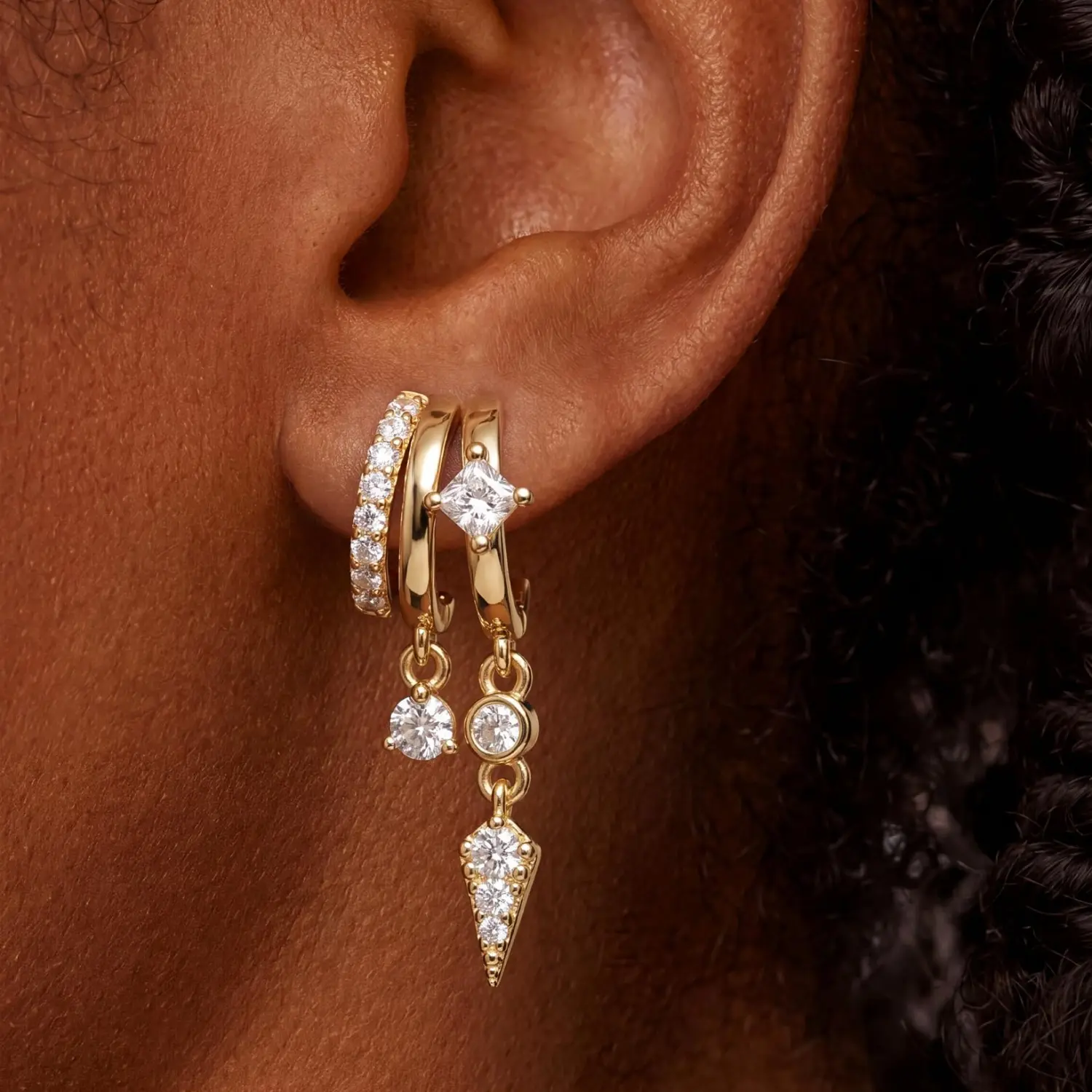 Triple Huggie Stacked Earrings for Women Gold Chain Drop Dangle Earrings Cute Statement CZ Earrings Trendy Dainty Jewelry Gift