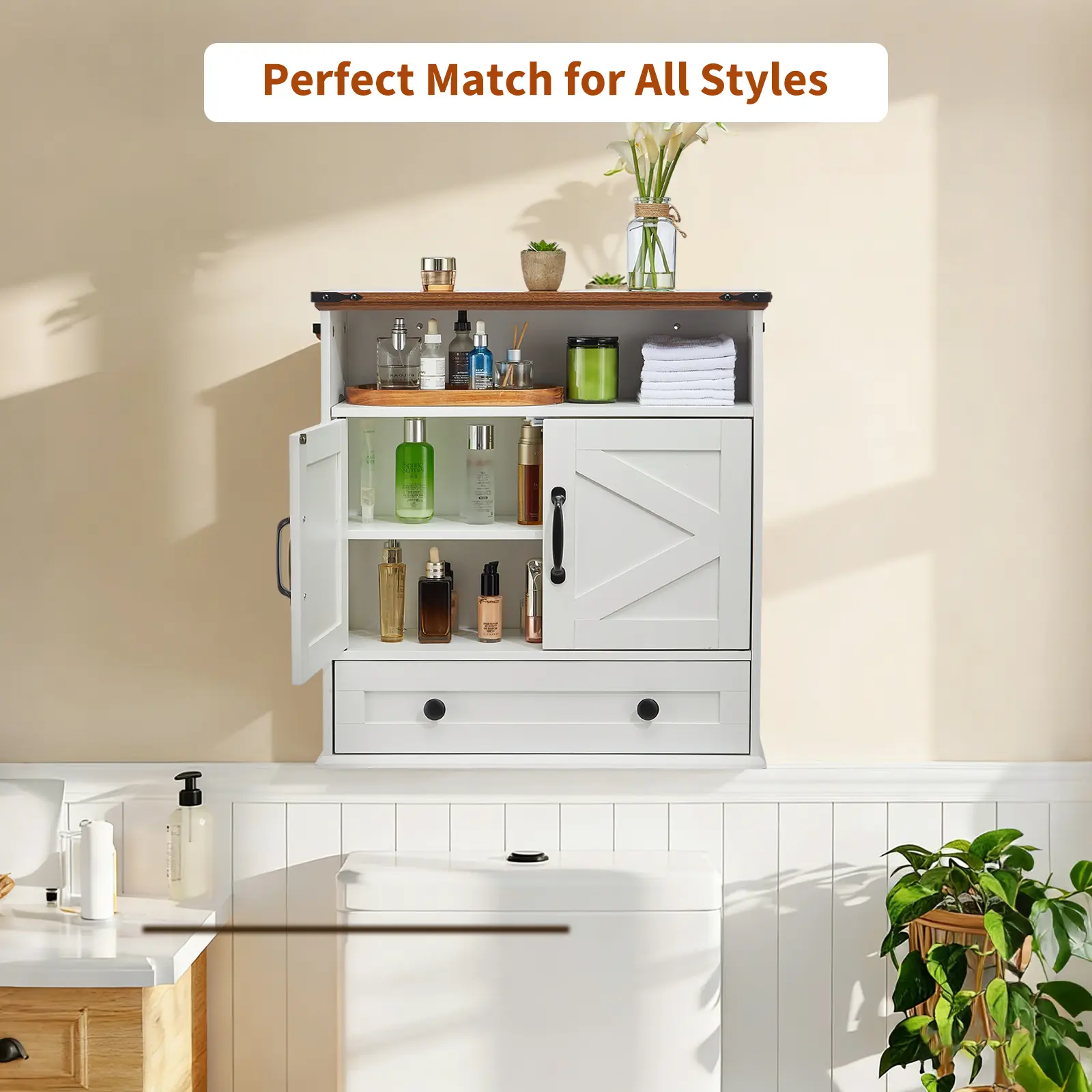 Bathroom Wall Cabinet with Barn Doors-Modern Medicine Cabinet Over Toilet Storage Organizer with Adjustable Shelf, Space Saving Wooden Wall Mounted Cabinet for Bathroom Kitchen