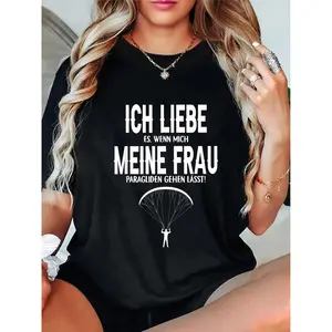 Men's 100% Cotton Paragliding Graphic T-Shirt - Black Casual Short Sleeve Tee with Mountain Adventure Design & German Quote, Regular Fit Round Neck for Outdoor Enthusiasts, Parachute Illustration Shirt, Medium Elasticity Fabric Clothes Menswear