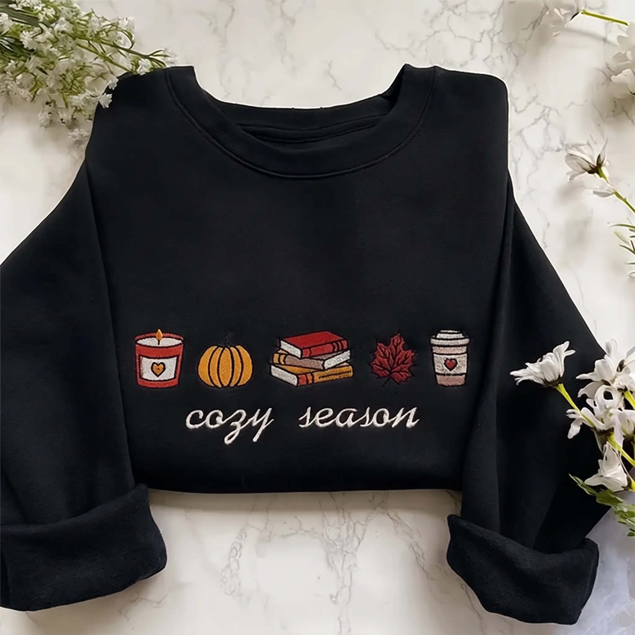 Embroidered Cozy Season Sweatshirt, Cute Autumn Sweatshirt, Pum.pkin Embroidered Sweatshirt, Season Embroidered Sweatshirt