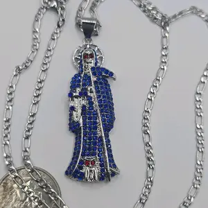 LA Santa Muerte Fashion Necklace in Blue and Silver with Red Eyes, Gold-Plated Figaro Style