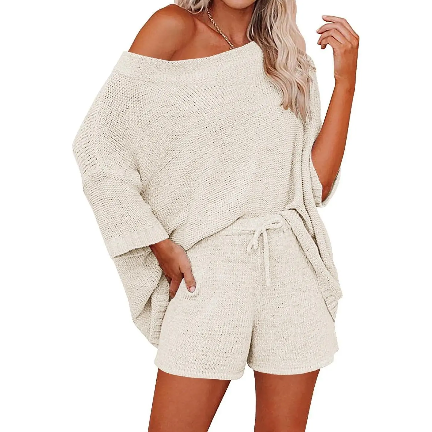 Saodimallsu Women's 2-Piece Casual Cute Pajamas Sweater Set - Acrylic-Nylon Off-Shoulder Knit Top, High-Waisted Airy Fit Short-Sleeve Shorts, All-Seasons Home Outfits, Hand Washable, 2 Piece Sets