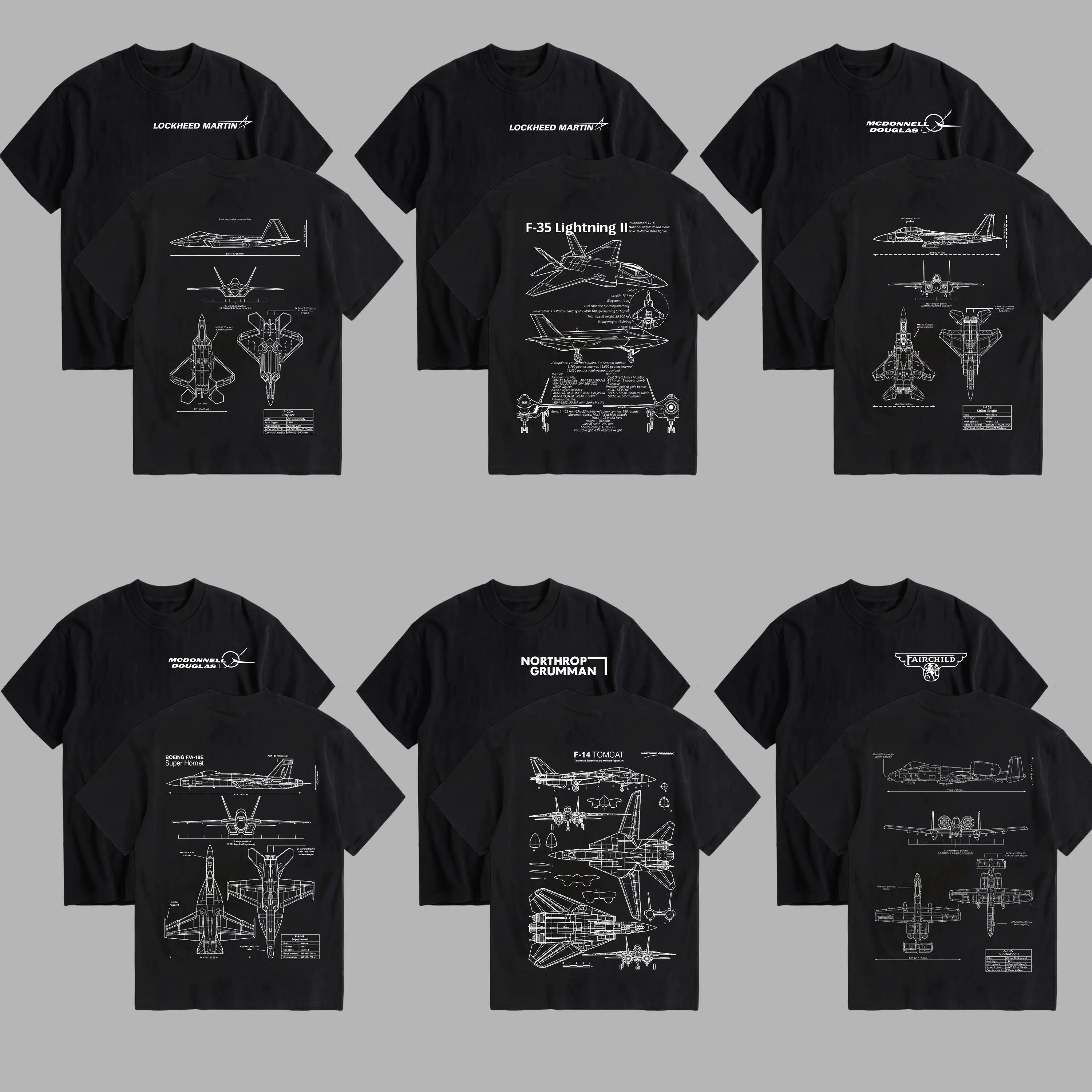 US Military Fighter Jets Blueprint T-Shirt Collection | B-2 Spirit, F-22 Raptor, A-10 Warthog, F-4 Phantom II, F-35 Lightning II & F-15 Eagle Aircraft Graphic Tee