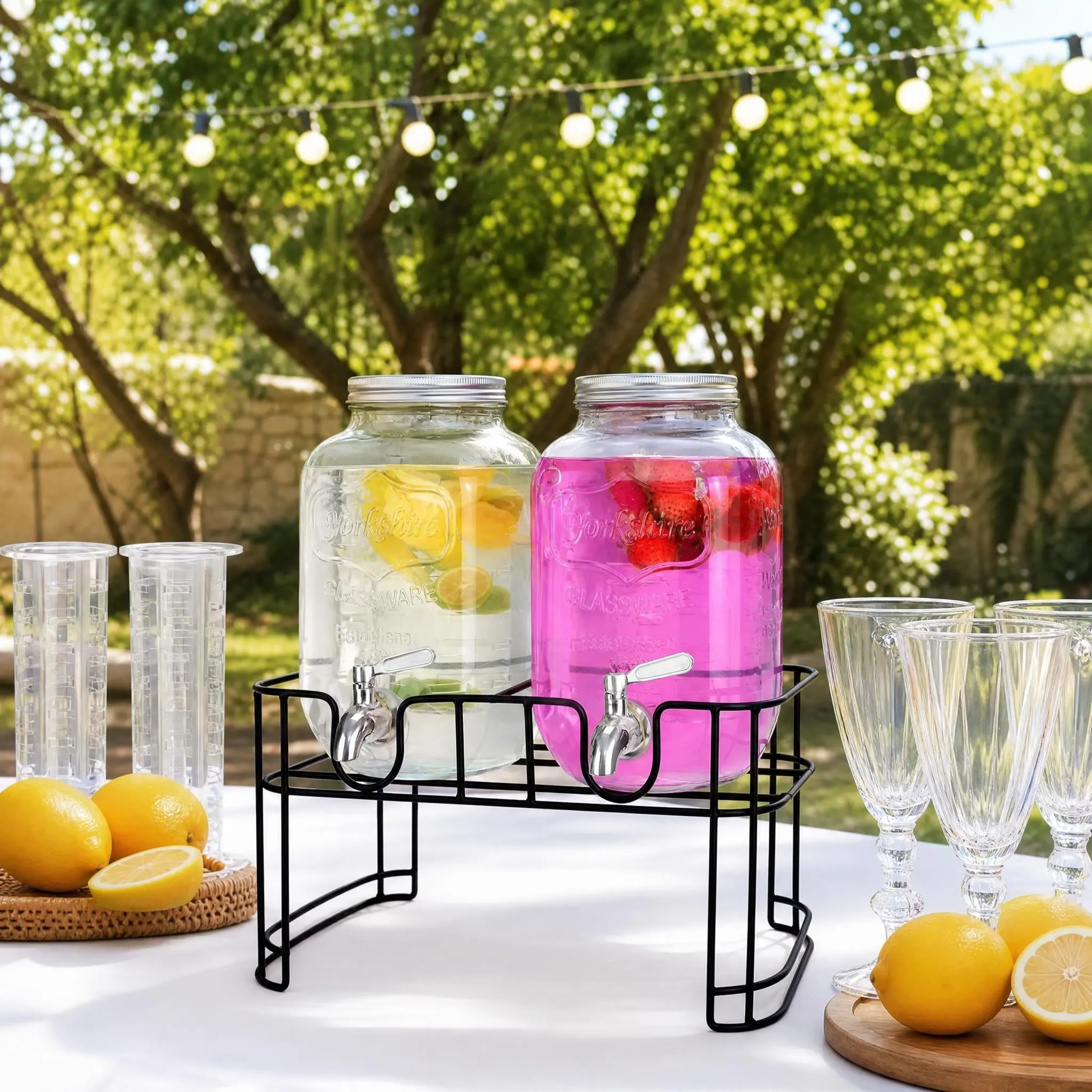 2-Pack 1 Gal Glass Beverage Dispensers for Parties, Kitchen Preserving Containers with Stand, Stainless Steel 100% Leakproof Spigot, Ice Holder, Serving Ice Cylinder, Laundry Detergent Compatible