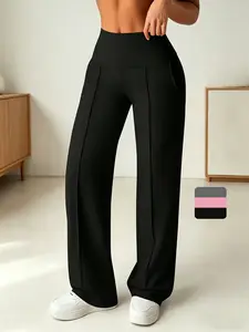 Women's Casual Sporty Elastic Straight Leg Pants Bottom, Non-See-Through Office & Daily Long Pants, Side Pockets, Waistband