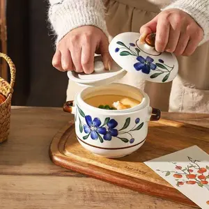Chinese Vintage Ceramic Steamer Set, Home Use Water Bath Steamer, Baby Egg Steam Bowl, Dual Handles Dual Lid Bird's Nest Bowl, Kitchenware Cooking
