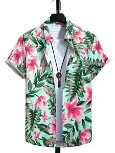 Tropical Print Button Shirt for Men and Women, Casual Short Sleeve Hawaiian Style with Flowers and Leaves, Lightweight Summer Beachwear