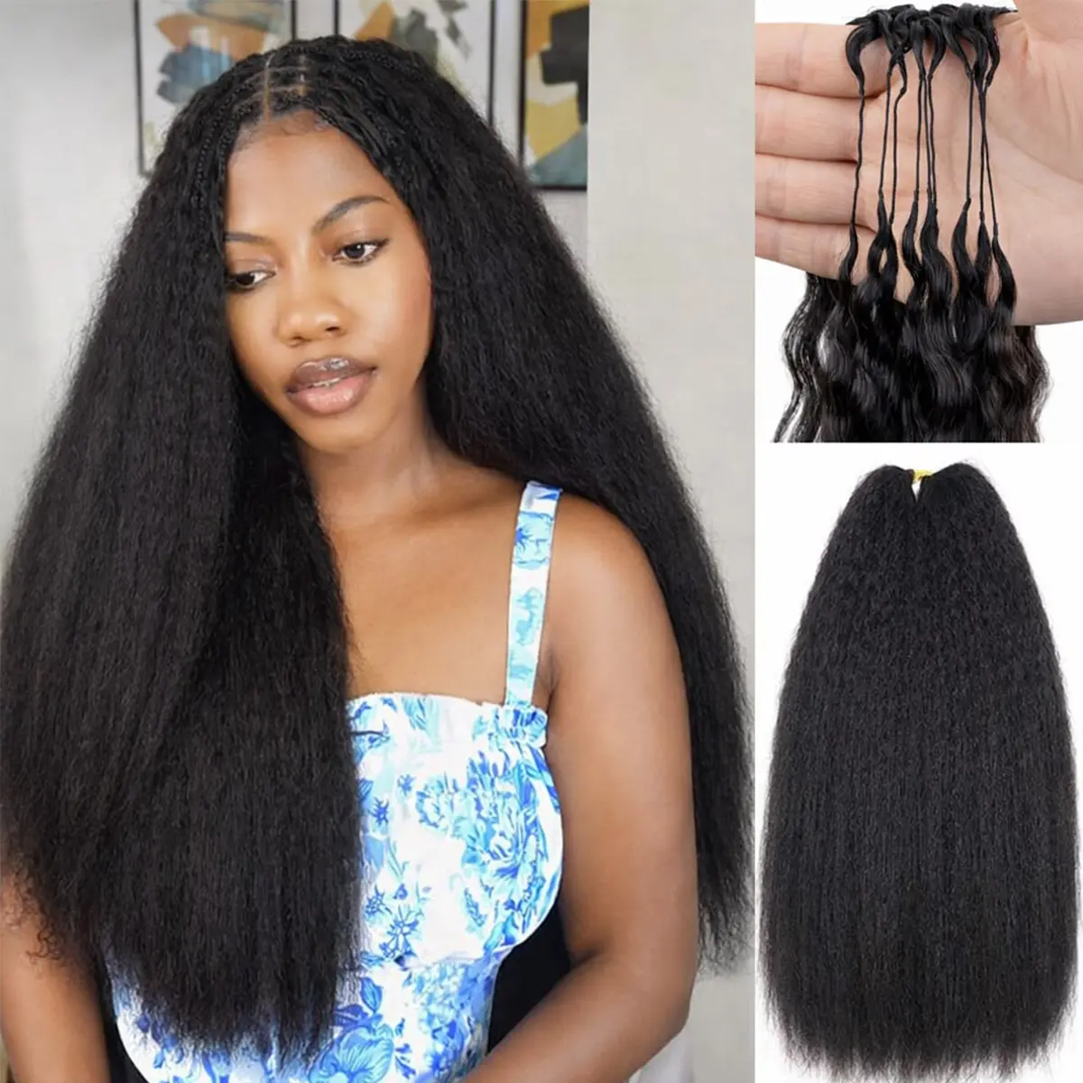 OQ HAIR Kinky Straight Crochet Human Hair 50g Knotless Pre-Separated Feather Human Hair Crochet Bundles for Women Natural Black Color