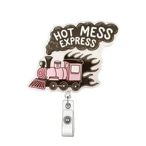 Hot Mess Express Design Badge Holder, 1 Count Cute Retractable Badge Reel, Acrylic Name Badge Clip for Nurses, Volunteers, Office Workers