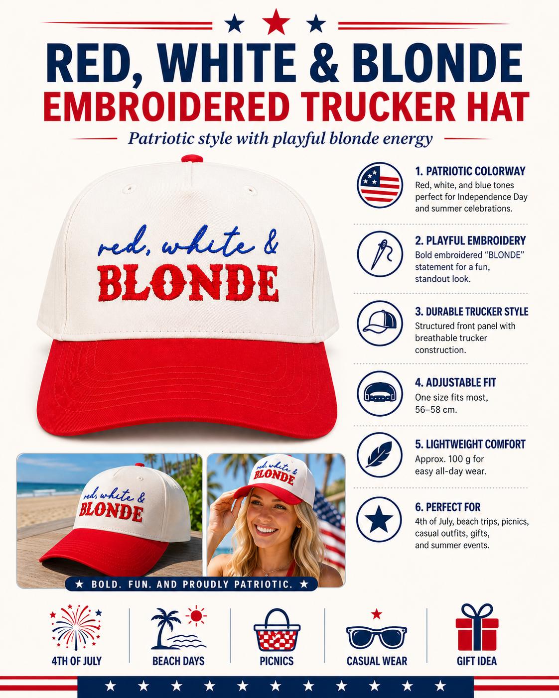 Embroidered Red, White & Blonde Trucker Hat - Adjustable Patriotic USA Cap for 4th Of July, Memorial Day, Labor Day & Everyday Casual Wear, Durable Embroidered Red, White & Blonde Trucker Hat - Adjustable Patriotic USA Cap for 4th Of July, Memorial Day, Labor Day & Everyday Casual Wear, Durable