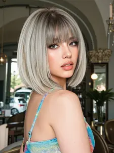 20 Inch Highlighted Long Bangs Heat Resistant Fiber Pre Styled Wig, Short Straight Hair Synthetic Full Head Cover, Natural Realistic Look for Women, Natural Looking Wig