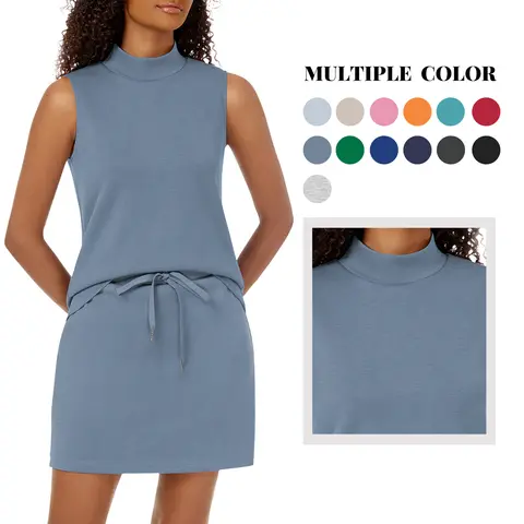 Women's Trendy 2-Piece Athletic Fitted Sportswear Set - Mock Neck Sleeveless Top, Elastic Waist Pocketed Shorts Skorts, Breathable Lightweight Fabric - Running Tennis Ready, Summer Travel Essentials