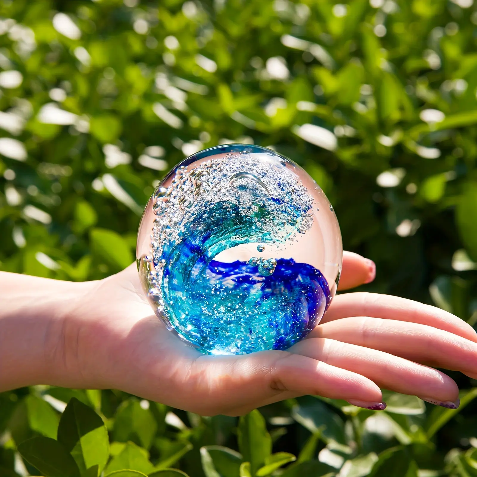 New 1pc Kangming Hand Blown Glass Crystal Ball - Artfully Crafted Ocean Wave Design - Versatile Desktop Decor & Unique Trinket for Valentines Day, Birthday, & Living Room - A Perfect Creative Gift Ide Ornaments