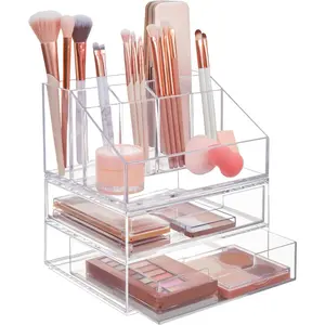 Chloe stackable clear makeup brush holder and drawer organizer set organize brushes cosmetics and beauty supplies made in usa